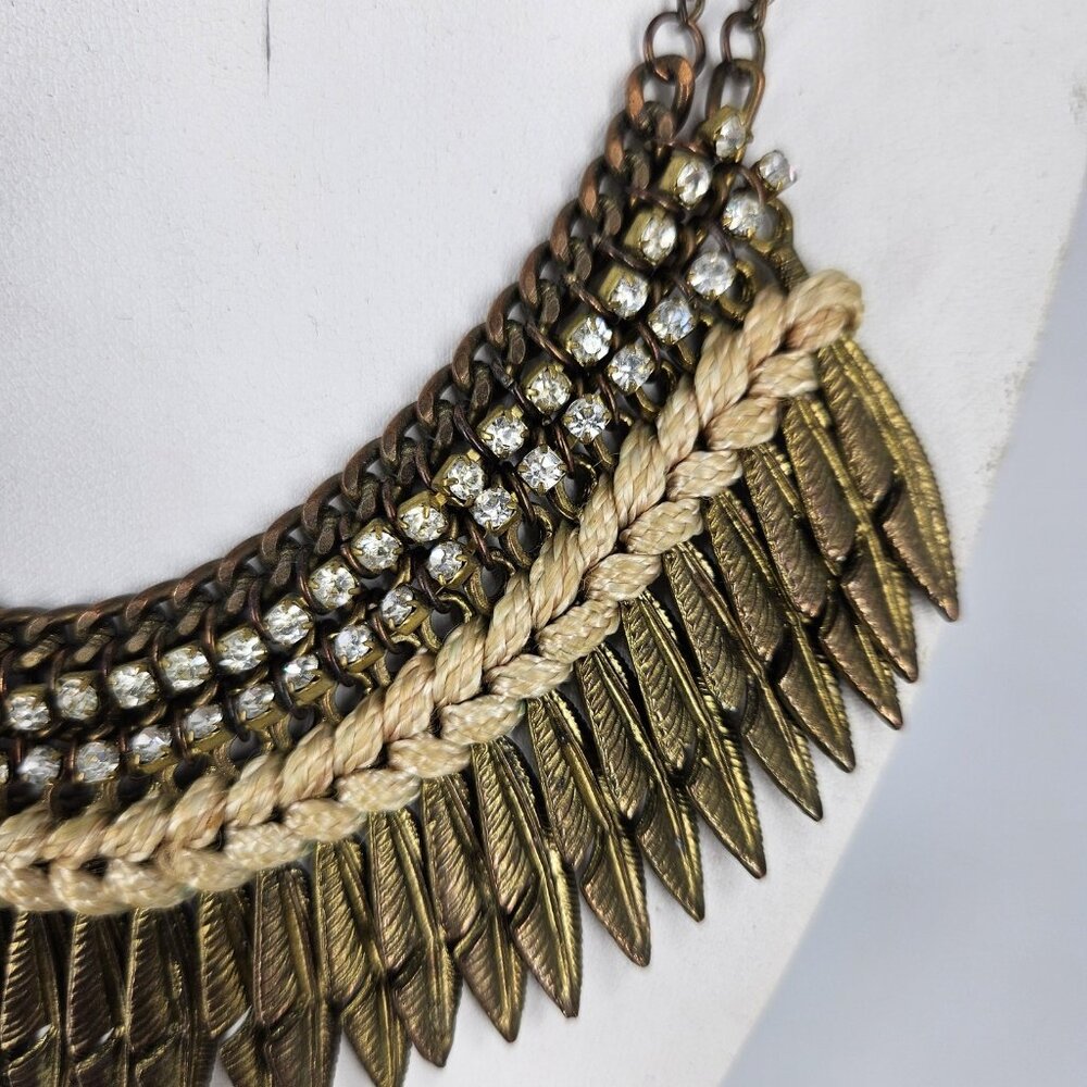 Bib Necklace Gold Tone Boho Statement Feather Fringe Rhinestone 16" Braided Cord - Picture 4 of 10